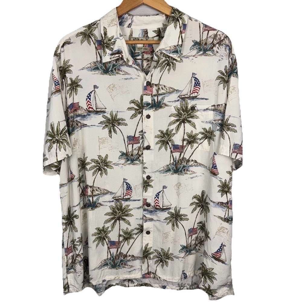 Batik Bay Hawaiian Shirt Mens XXL Short Sleeve Palm Trees Sailboat American Flag